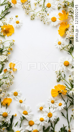 Bright yellow and white wildflowers scatter around a blank area, creating a clean, serene frame with a white backdrop, ideal for text or creative use in a minimal style 123802145