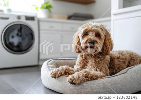 A dog peacefully napping in a cozy dog bed in a modern, bright laundry room, showcasing a serene, organized, pet-friendly space with soft natural light 123802148