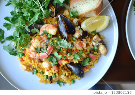 Vibrant paella with saffron rice, shrimp, mussels, and chicken, garnished with lemon wedges and red pepper, showcasing bright hues and rich textures, traditional Spanish dish Vibrant paella with saffron rice, shrimp, mussels, and chicken, garnished with lemon wedges and red pepper, showcasing bright hues and rich textures, traditional Spanish dish 123802156