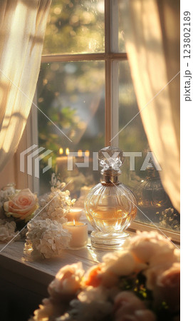 A luxurious perfume bottle with delicate details rests on a windowsill adorned with soft pastel flowers and glowing candles, creating a tranquil, romantic ambiance A luxurious perfume bottle with delicate details rests on a windowsill adorned with soft pastel flowers and glowing candles, creating a tranquil, romantic ambiance 123802189