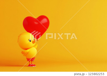 A cute baby chicken in a t-shirt, shorts, and sneakers holds a red heart-shaped balloon, radiating joy and playfulness against a pastel background A cute baby chicken in a t-shirt, shorts, and sneakers holds a red heart-shaped balloon, radiating joy and playfulness against a pastel background 123802253