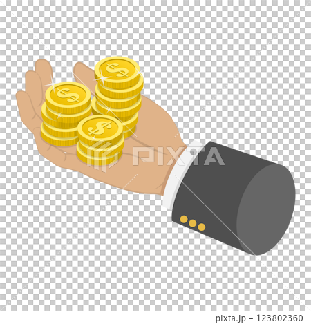 3D Isometric Flat Illustration of Hands Holding Money in Various Forms. Item 2 3D Isometric Flat Illustration of Hands Holding Money in Various Forms. Item 2 123802360