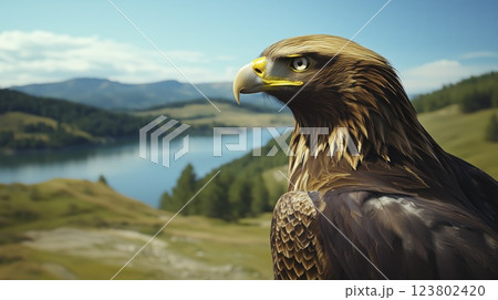 Golden eagle closeup with lake and mountain landscape in background, copy space 123802420
