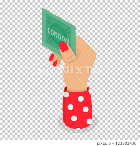 3D Isometric Flat Illustration of Hand with Condom. Item 2 3D Isometric Flat Illustration of Hand with Condom. Item 2 123802430
