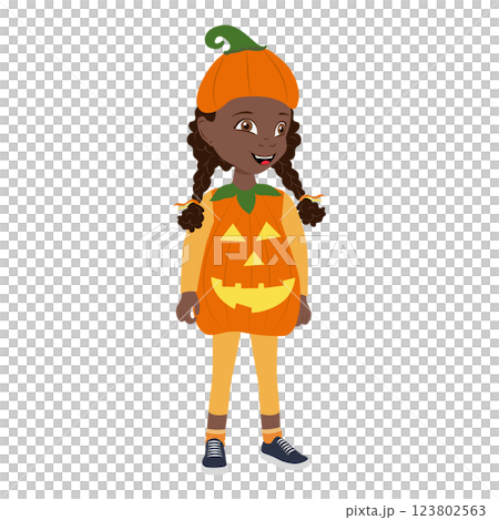 Flat  Illustration of Cute African American Kid Girl Wearing a Pumpkin Halloween Costume. Item 5 123802563