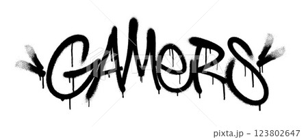 Sprayed gamers font with overspray in black over white. Vector illustration. Sprayed gamers font with overspray in black over white. Vector illustration. 123802647