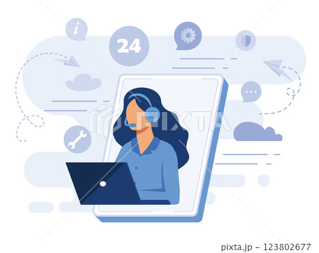 Online assistant landing page. Woman with headphones with computer. Concept illustration for support, assistance, call center. Technical support. Virtual help service. Vector illustration in flat. 123802677