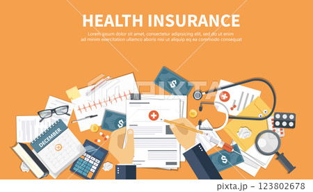 Health care insurance concept. Man fills in the form of health insurance. Flat vector illustration 123802678