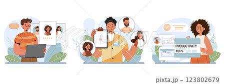 Job hunting and hiring set. Human resources manager competencies set. Recruitment and personnel concept. HR manager looking for a job candidate, maintaining employee performance. Flat vector 123802679