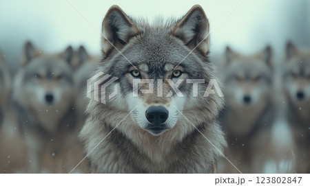 Gray wolf with intense gaze looking directly at camera with pack blurred in background, representing wildlife conservation and predator behavior 123802847