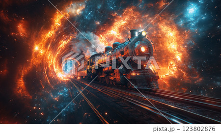 Steam locomotive traveling through cosmic portal with fiery vortex and blue nebula in space. Concept of time travel, fantasy transportation and surreal journey 123802876