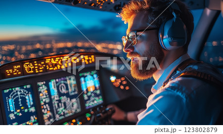 White male pilot with headphones monitoring illuminated cockpit control panel during night flight, representing aviation technology and professional transport operation 123802879