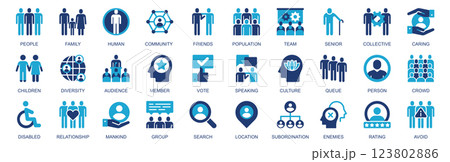 People icon set in flat duotone solid icons web design. Pack pictograms with family, human, community, friends, population, team, senior, collective, children, diversity, other. Vector illustration. People icon set in flat duotone solid icons web design. Pack pictograms with family, human, community, friends, population, team, senior, collective, children, diversity, other. Vector illustration. 123802886