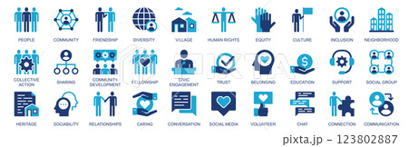 Community icon set in flat duotone solid icons web design. Pack pictograms with people, friendship, diversity, village, human rights, equality, culture, inclusion, trust, other. Vector illustration. 123802887
