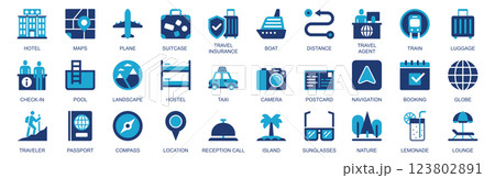 Travel icon set in flat duotone solid icons web design. Pack pictograms with hotel, maps, plane, suitcase, insurance, boat, distance, train, checkin, pool, hostel, taxi, other. Vector illustration. Travel icon set in flat duotone solid icons web design. Pack pictograms with hotel, maps, plane, suitcase, insurance, boat, distance, train, checkin, pool, hostel, taxi, other. Vector illustration. 123802891