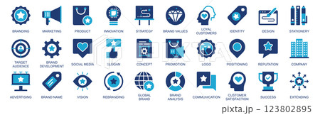 Branding icon set in flat duotone solid icons web design. Pack pictograms with marketing, strategy, brand values, loyal customers, identity, target audience, social media, other. Vector illustration. Branding icon set in flat duotone solid icons web design. Pack pictograms with marketing, strategy, brand values, loyal customers, identity, target audience, social media, other. Vector illustration. 123802895