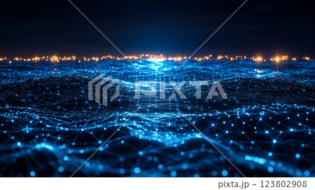 Digital network landscape visualization with glowing connection points and data streams, representing technological advancement in global communications 123802908