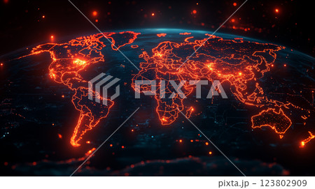 Digital world map illuminated with glowing orange network connections against dark background, global technology connectivity concept visualization 123802909