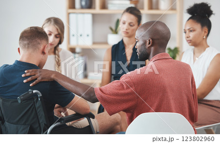 Group counseling, mental health therapy and anxiety wellness conversation for problem of a disabled man. Community support, empathy and compassion for employee burnout or stress in a business office 123802960