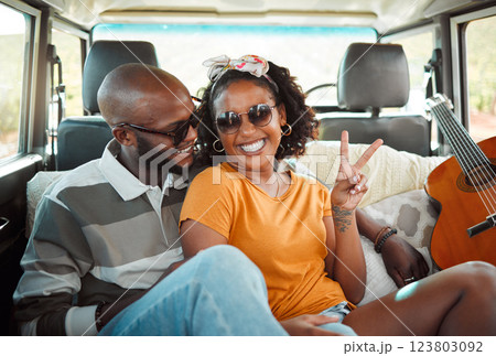 Black couple travel, woman with peace sign hand in car to music festival and summer holiday in Los Angeles. Road trip to Coachella, cool happy people excited and travel journey together 123803092