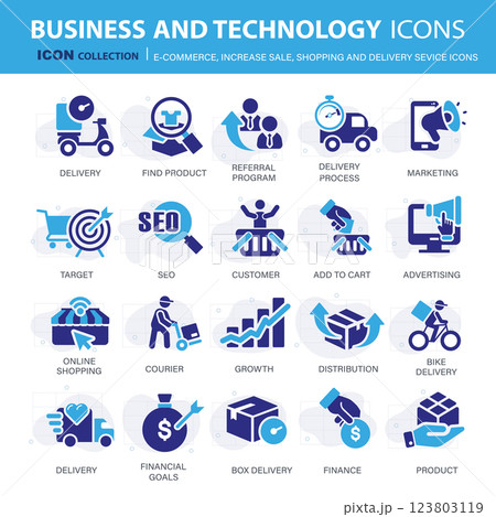 E-commerce, increase sale, on line shopping and digital finances icon collection. Flat vector illustration 123803119