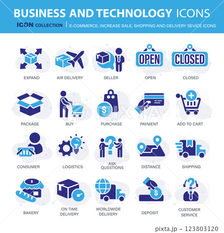 E-commerce, increase sale, on line shopping and digital finances icon collection. Flat vector illustration 123803120