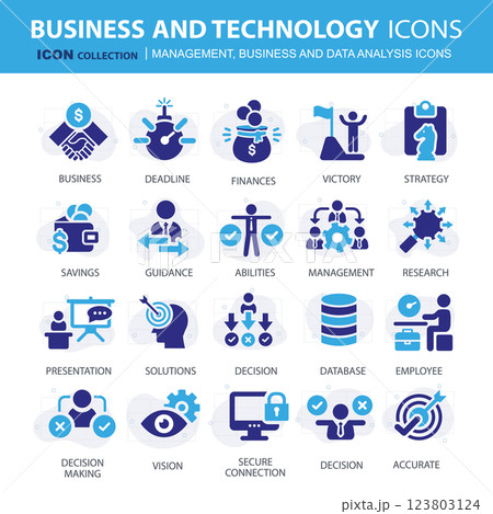 Business, data analysis, organization management and technology icon set. Teamwork, strategy, planning, marketing, cloud technology, data analysis, employee icon set. Icons vector collection 123803124