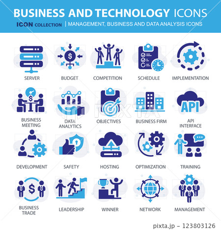 Business, data analysis, organization management and technology icon set. Teamwork, strategy, planning, marketing, cloud technology, data analysis, employee icon set. Icons vector collection 123803126