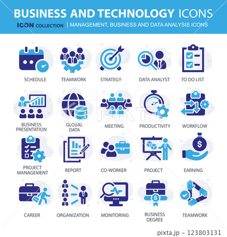 Business, data analysis, organization management and technology icon set. Teamwork, strategy, planning, marketing, cloud technology, data analysis, employee icon set. Icons vector collection 123803131
