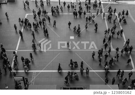 休日の、人通りで混雑したJR大阪駅。俯瞰して見る人のシルエットが面白い 休日の、人通りで混雑したJR大阪駅。俯瞰して見る人のシルエットが面白い 123803162