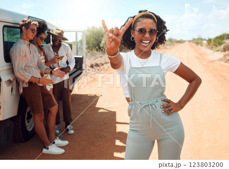 Happy woman portrait hand sign on road trip with friends, adventure with truck in Sydney and travel to rock music festival. Holiday freedom in sun, group camping together and summer safari vacation 123803200