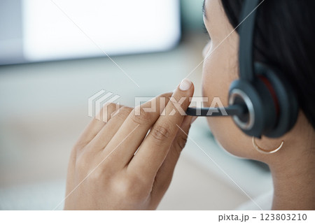 Call center, hands and woman with customer service headset, contact us support headphones and crm consulting. Zoom, receptionist or telemarketing communication consultant talking in b2b sales office 123803210