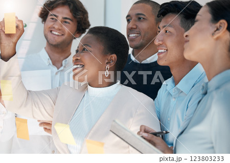 Teamwork planning, solution notes and window of ideas, vision and innovation in startup company. Happy business people brainstorming strategy logistics, analytics information and support in kpi goals 123803233