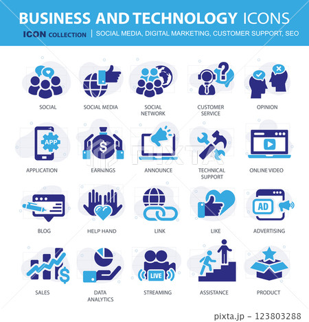 Business, data analytics, organization management icons. Social media, digital marketing, customer support and seo icon set. Vector icon collection 123803288