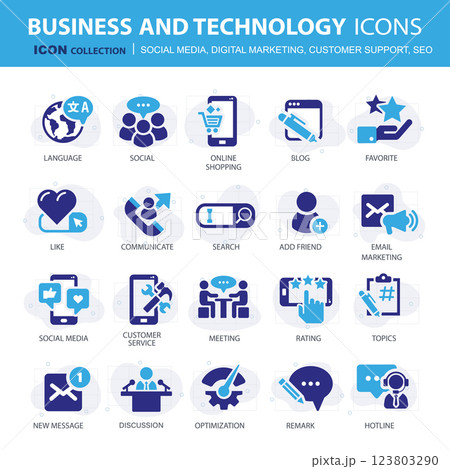 Business, data analytics, organization management icons. Social media, digital marketing, customer support and seo icon set. Vector icon collection Business, data analytics, organization management icons. Social media, digital marketing, customer support and seo icon set. Vector icon collection 123803290