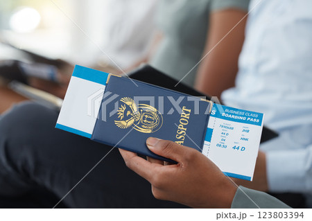 Travel, passport and man with ticket for business, information for airplane and journey for work at airport. Hands of worker with documentation for corporate and executive trip for professional job Travel, passport and man with ticket for business, information for airplane and journey for work at airport. Hands of worker with documentation for corporate and executive trip for professional job 123803394