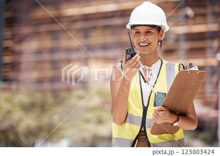 checklist, radio and contractor black woman in communication via radio on construction and building project. Smile, engineer and happy maintenance manager in conversation about planning and strategy checklist, radio and contractor black woman in communication via radio on construction and building project. Smile, engineer and happy maintenance manager in conversation about planning and strategy 123803424