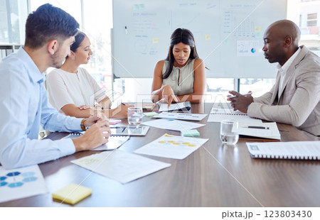 Planning, project management and review with business people in meeting for marketing strategy, documents or collaboration. Idea, analytics and teamwork with employee working on data on future vision 123803430