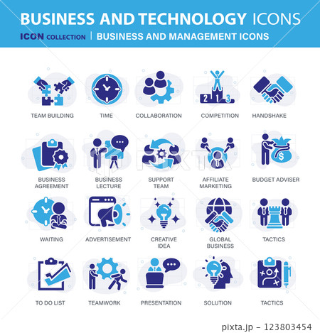 Business and management icon set. Icons for leadership, teamwork, job and work, statistics, analytics and advertising. Flat vector illustration. Blue icon for business collection Business and management icon set. Icons for leadership, teamwork, job and work, statistics, analytics and advertising. Flat vector illustration. Blue icon for business collection 123803454