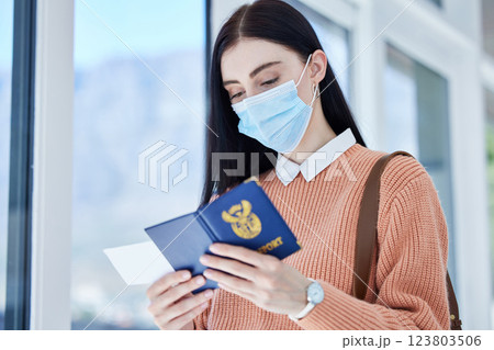 Passport, id and travel woman with covid face mask for immigration, airport compliance and vacation information security. Covid 19, corona virus and girl with identity document and ticket for flight 123803506