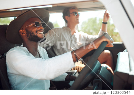 Travel, driving and road trip friends men in caravan for summer nature adventure, holiday or vacation journey. Diversity people drive together with sunglasses in a car or van transport in countryside Travel, driving and road trip friends men in caravan for summer nature adventure, holiday or vacation journey. Diversity people drive together with sunglasses in a car or van transport in countryside 123803544