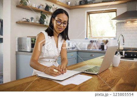 Laptop, planning and business woman or entrepreneur writing notes, idea brainstorming and schedule planner for marketing management. Remote work from home person with internet website copywriting job 123803554