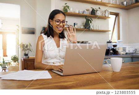 Laptop webinar, woman or video conference training on online zoom call meeting in home office or house room interior. Smile, happy and happy remote worker with wave on tech recruitment interview 123803555