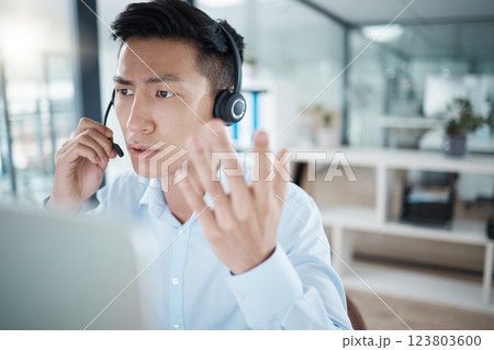 Call center stress, confused man and telemarketing agent anxiety, doubt and challenge angry customer service question, problem and crm contact. Frustrated, worried and fail business salesman crisis 123803600