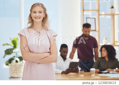 Startup business leader, woman boss and empowerment in office with equality. Female leadership, success and confidence in corporate industry. Happy, smile and a portrait of woman at work in boardroom 123803613
