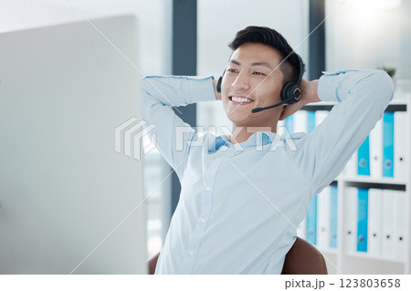 Call center, computer or relax man in success sales deal, customer support crm or consulting help in Vietnamese b2b office. Happy smile, telemarketing or contact us technology receptionist stretching Call center, computer or relax man in success sales deal, customer support crm or consulting help in Vietnamese b2b office. Happy smile, telemarketing or contact us technology receptionist stretching 123803658