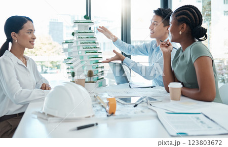 Model, construction and architects planning a building project together in an office at work. Creative, corporate and architecture workers talking about a design with a 3d structure in a meeting 123803672