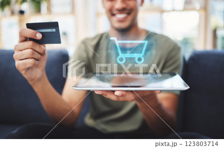 Tablet, credit card or online shopping 3d cart for man in house, home or living room lockdown. Zoom, hands or happy smile customer with e commerce technology, bank payment or ecommerce ai order 123803714