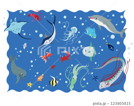 海の生き物、水の生き物のイラスト 123803815