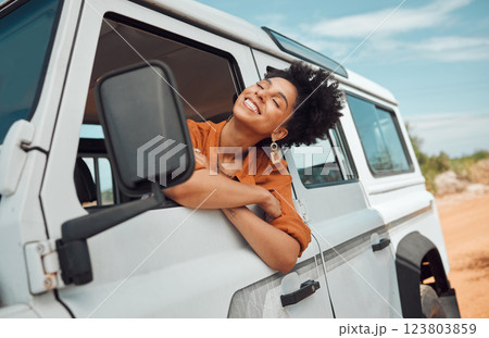 Relax black woman on road trip, happy with view of desert and transport in jeep or car on holiday in Cairo. Travel adventure drive, smile in summer vacation and explore freedom of nature in the sun 123803859